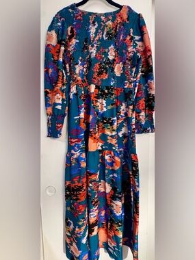 SHEIN Teal Multicolor Abstract Long Sleeve Midi Dress